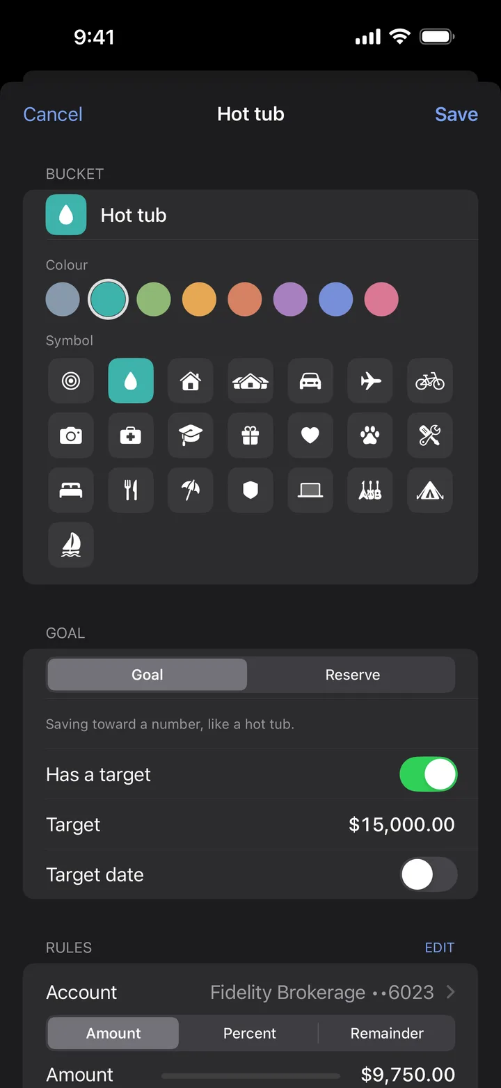 Bucket editor: goal or reserve, an optional target, and a rule that takes a fixed amount, a percentage, or the remainder of an account