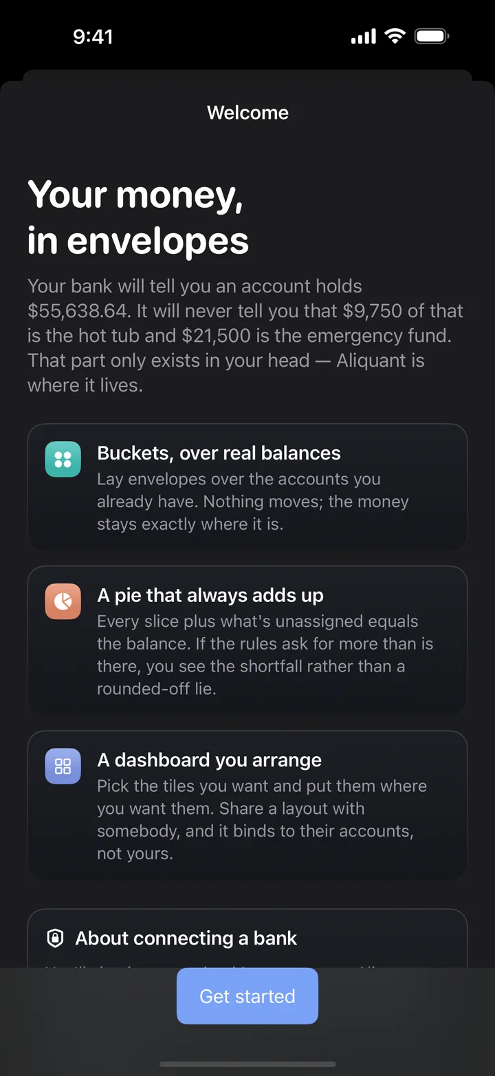 Welcome screen explaining buckets laid over real balances