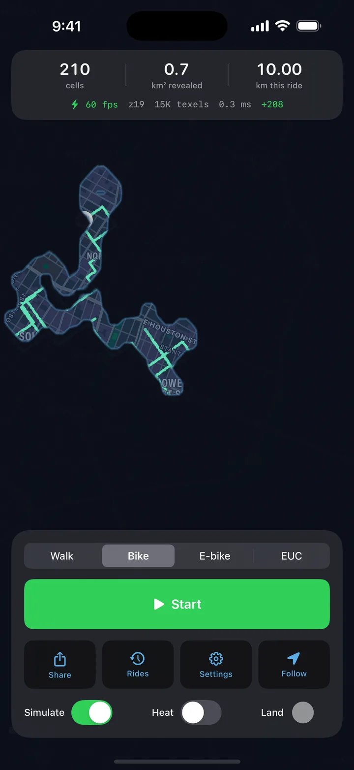 Jerv fog-of-war map with revealed streets snaking through lower Manhattan