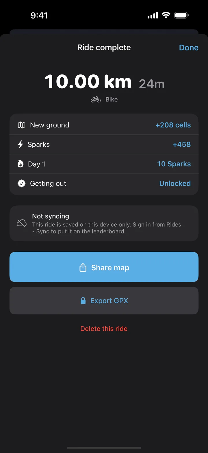 Ride complete: 10 km, new ground, sparks, and an unlocked achievement