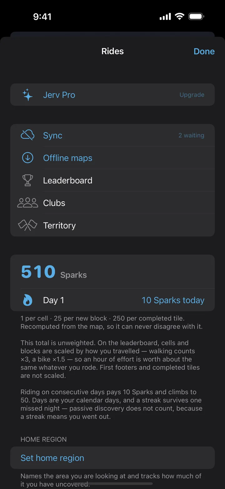Rides screen with sparks total, streaks, leaderboard, clubs, and territory